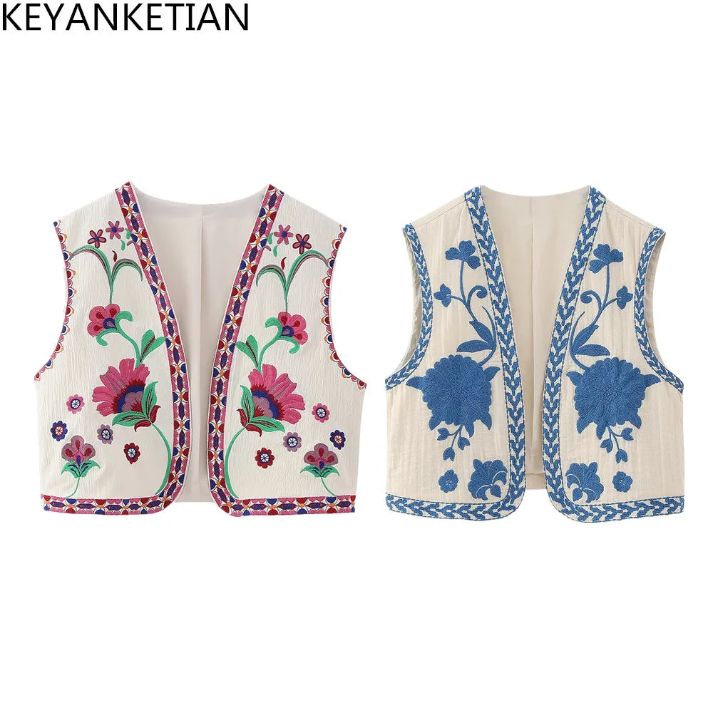 KEYANKETIAN Women Vintage Floral Embroidered Open WaistCoat Ladies National Style Vest Jacket Outfits Casual Vacation Crop Top