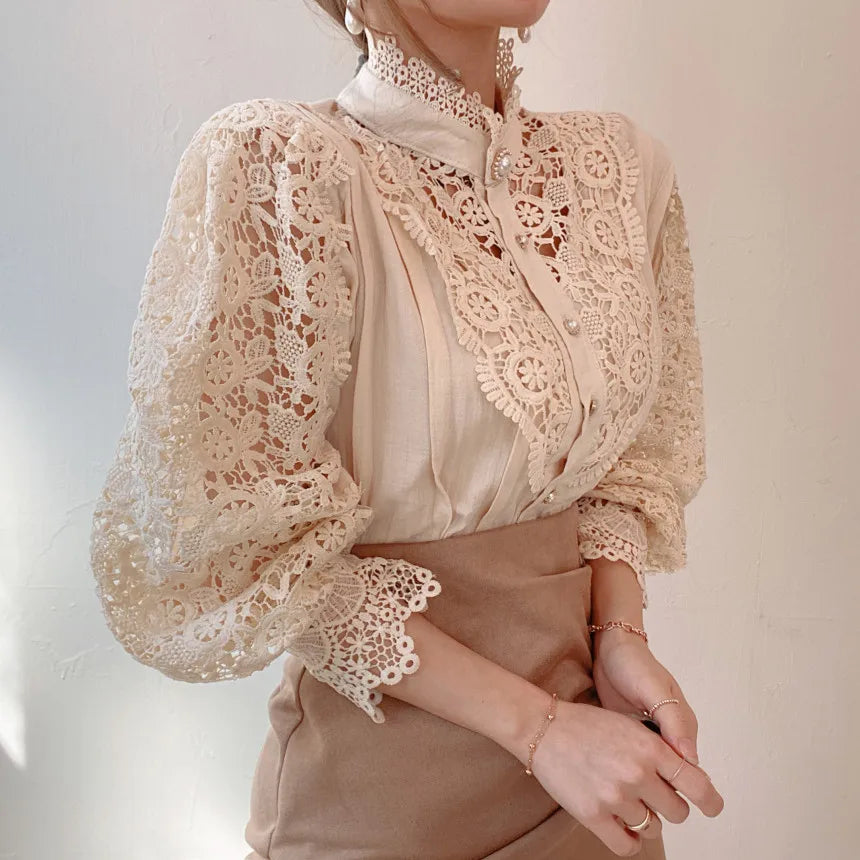 Fashion Long Sleeve Women Blouse Hollow Out Lace Blouse Shirt Tops Women Blusas Mujer De Moda 2024 Blouses Femme Women Shirts