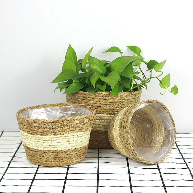 Handmade Woven Planter Basket Laundry Storage Decorative Basket Straw Wicker Rattan Seagrass Garden Flower Pot Storage Basket