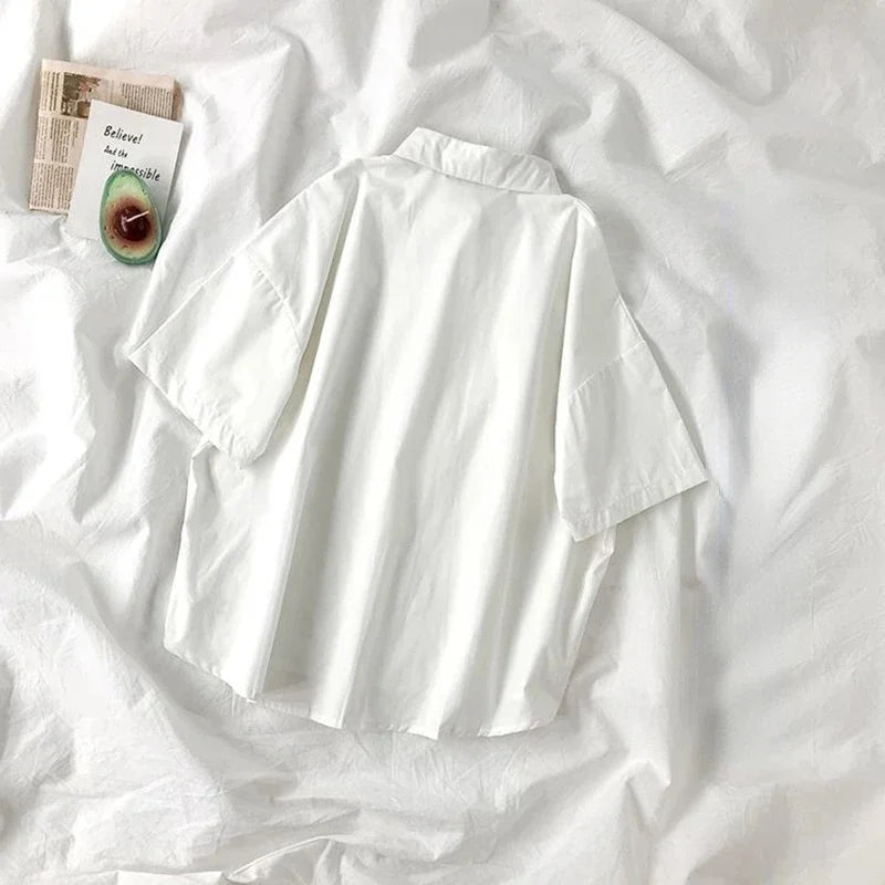 White Shirt Women Blusas Short Sleeve Lapel Blouse with Tie Japanese Fashion Student Summer Daily College Style Top