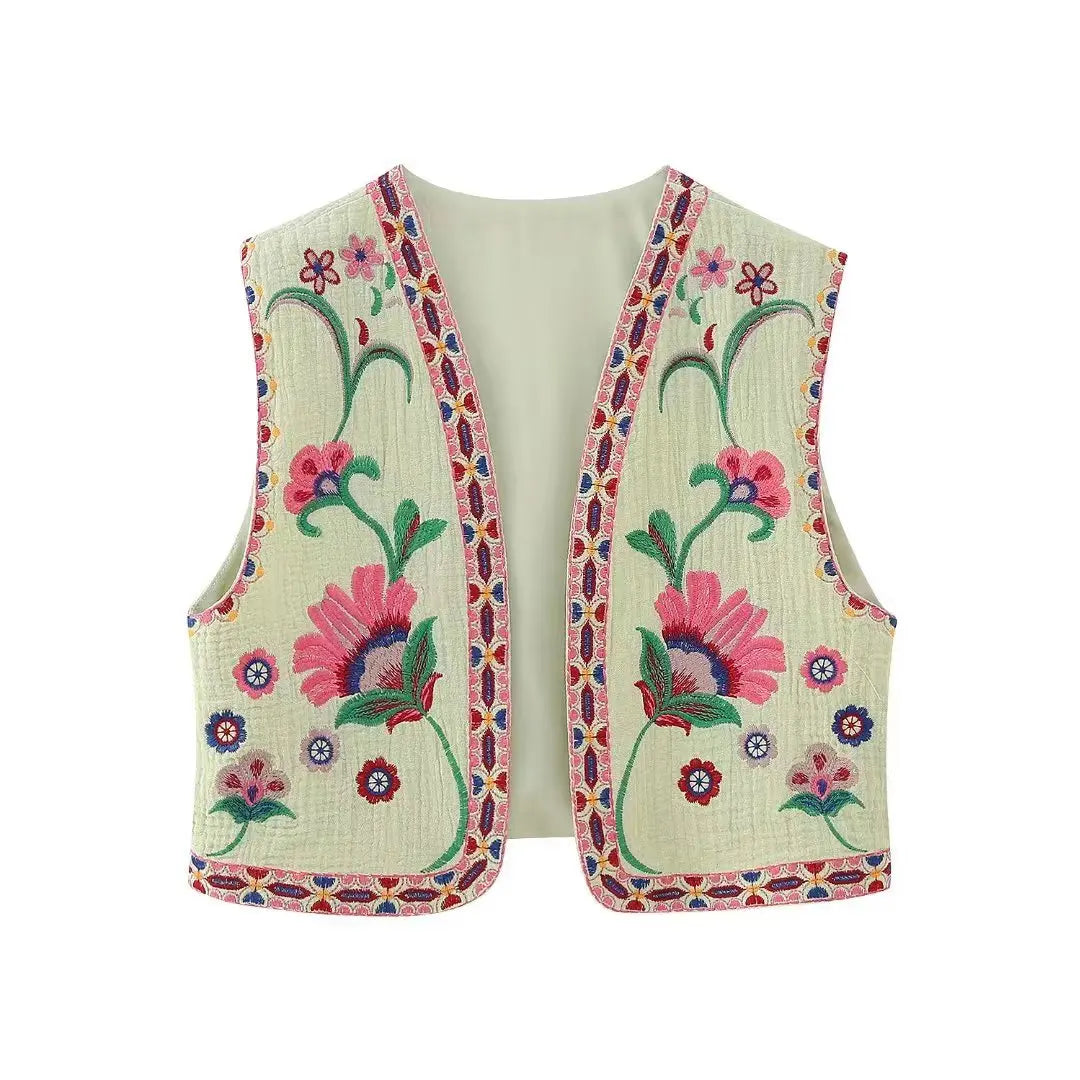 KEYANKETIAN Women Vintage Floral Embroidered Open WaistCoat Ladies National Style Vest Jacket Outfits Casual Vacation Crop Top