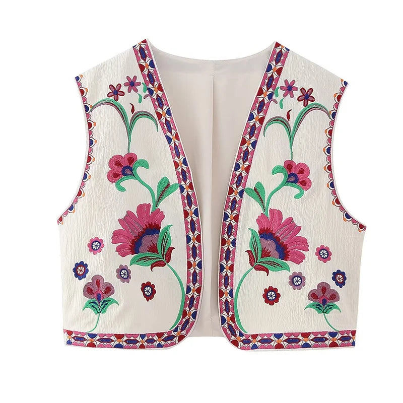 KEYANKETIAN Women Vintage Floral Embroidered Open WaistCoat Ladies National Style Vest Jacket Outfits Casual Vacation Crop Top