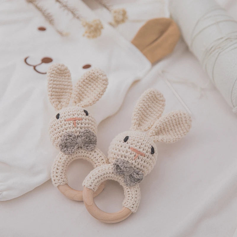 Baby Crochet Rattle Wooden Teether Toy BPA Free Wood Rodent Rabbit Rattle Baby Mobile Play Gym Newborn Educational Music Toys