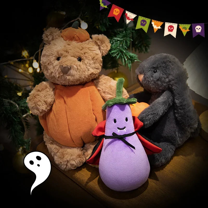 1pc Cute Black Rabbit Hold Pumpkin Plush Toys Soft Pumpkin Bear Earphone &cloak Eggplant Stuffed Doll Halloween Trick or Treat