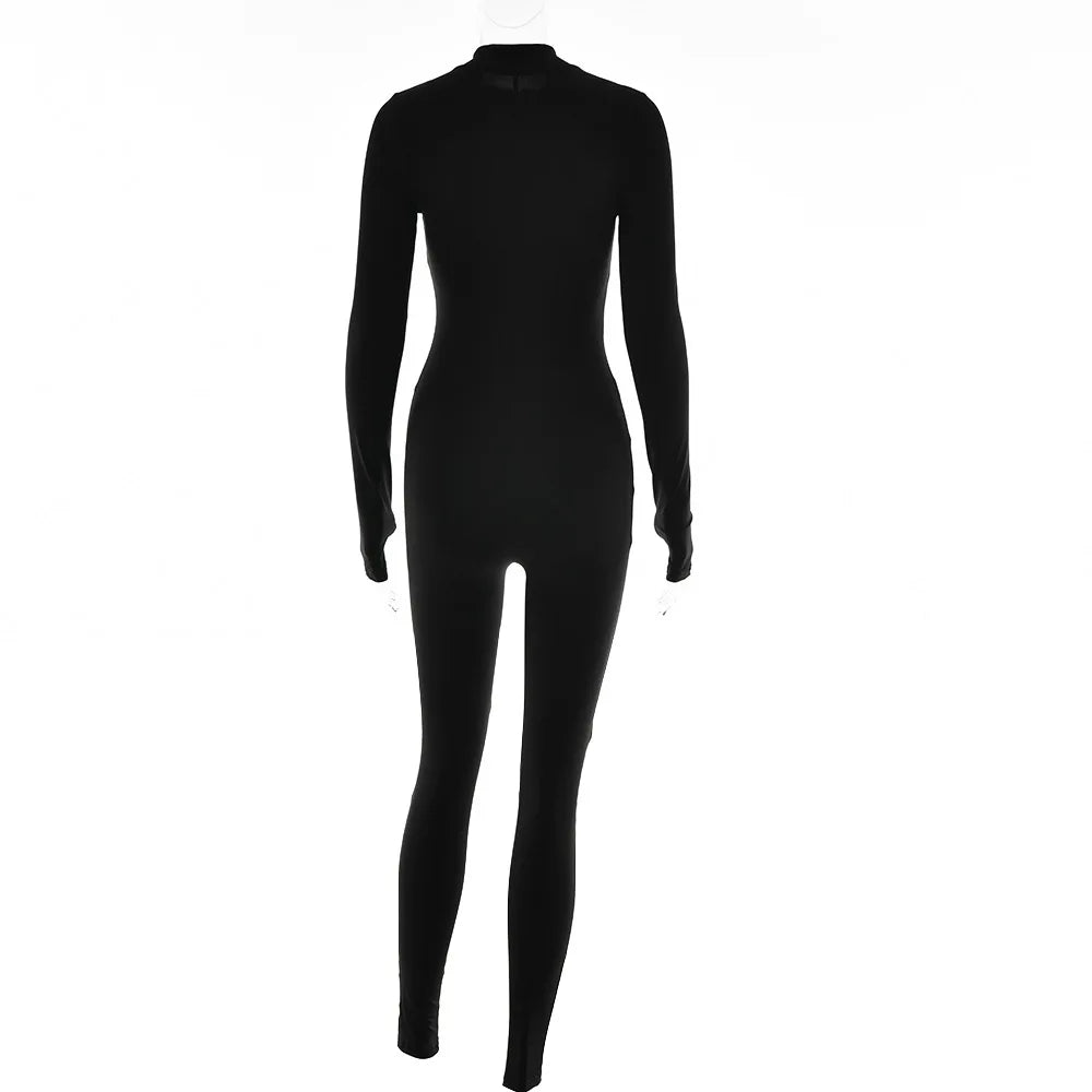 Sexy Elegant Women Zip-up O-neck Long Sleeve Jumpsuit Streetwear 2024 Autumn Female Overalls One Piece Fitness Sports Bodysuits