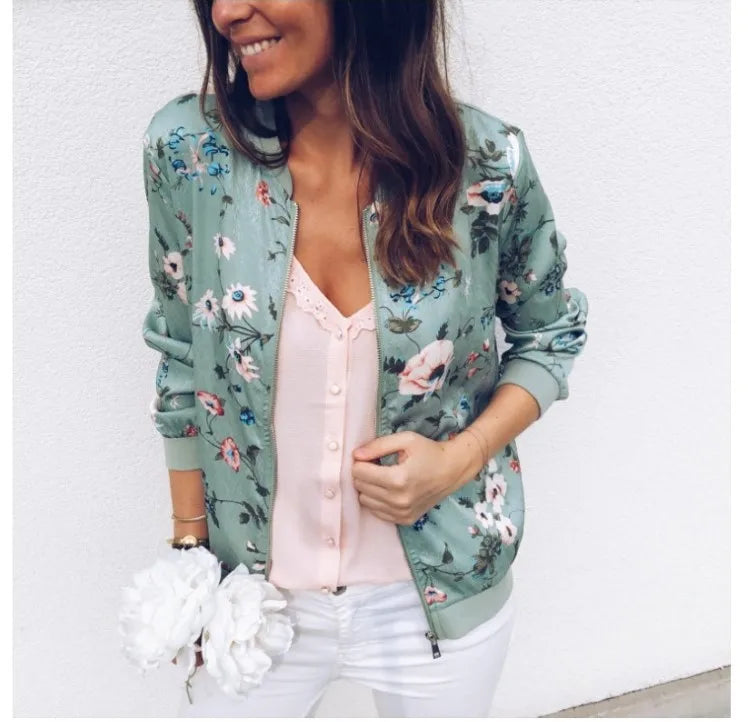 Women Elegant Zipper Bomber Jacket Spring Autumn Floral Printed Jackets Office Wear Slim Office Coat Retro Outwear