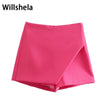 Willshela Women Fashion Asymmetrical Shorts Skirts High Waist Back Pockets Side Zipper Vintage Female Skort Solid