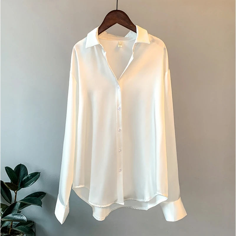 Spring Fashion Button Up Silk Shirt Vintage Blouse Women Satin Tops Office Lady Elegant Long Sleeves Female Loose Shirts 11355