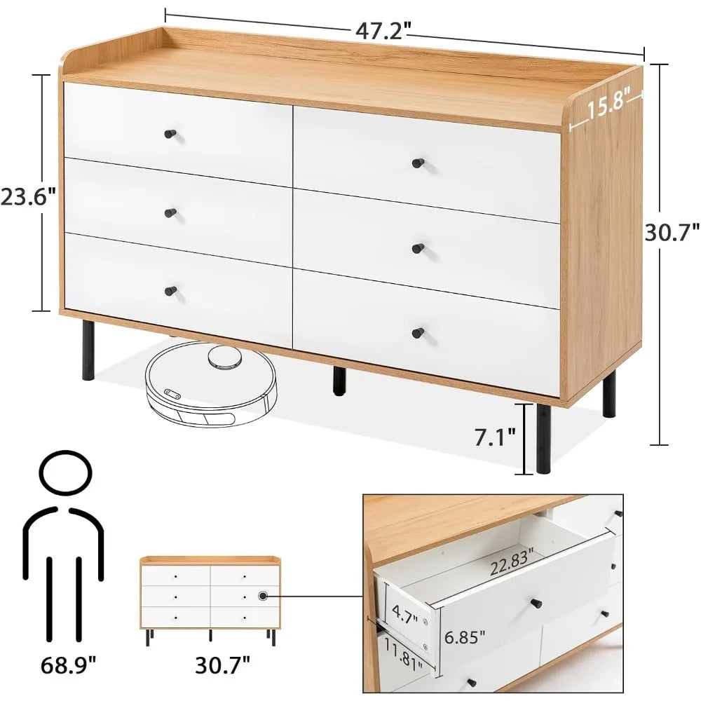 Wooden Dresser for Bedroom, Natural Rattan Dresser with Drawers 6 Drawer Chest of Drawers, Double Dressers Chest for Living Room