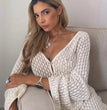 Sexy Women White Long Knit Sleeve Bikin Fashion Cover up Female See-Through Deep V-Neck Hollow-Out Beach Knitwear Backless Dress