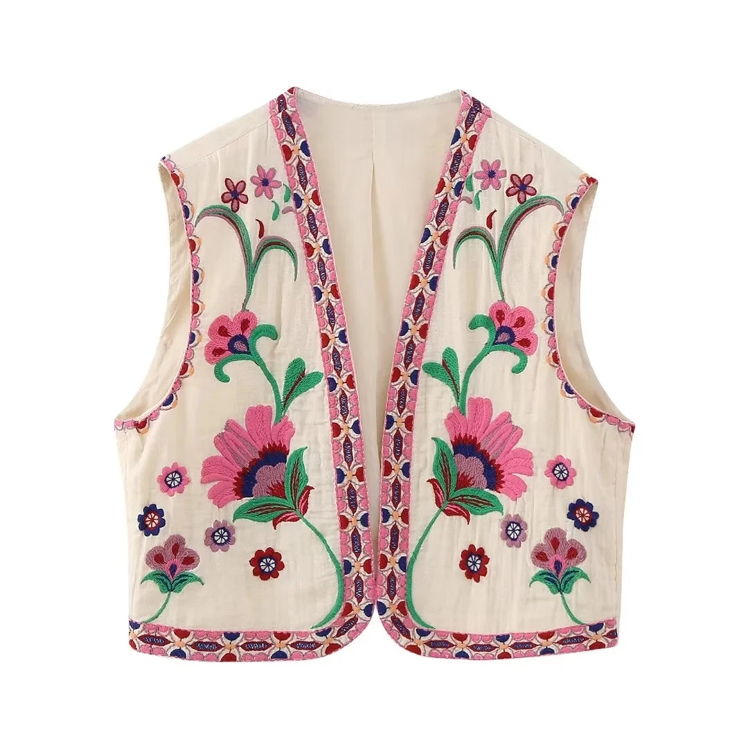 KEYANKETIAN Women Vintage Floral Embroidered Open WaistCoat Ladies National Style Vest Jacket Outfits Casual Vacation Crop Top