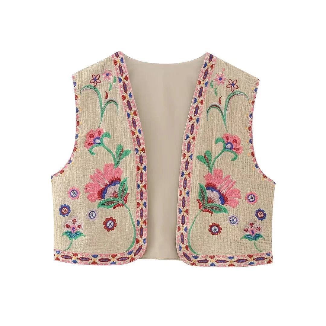 KEYANKETIAN Women Vintage Floral Embroidered Open WaistCoat Ladies National Style Vest Jacket Outfits Casual Vacation Crop Top