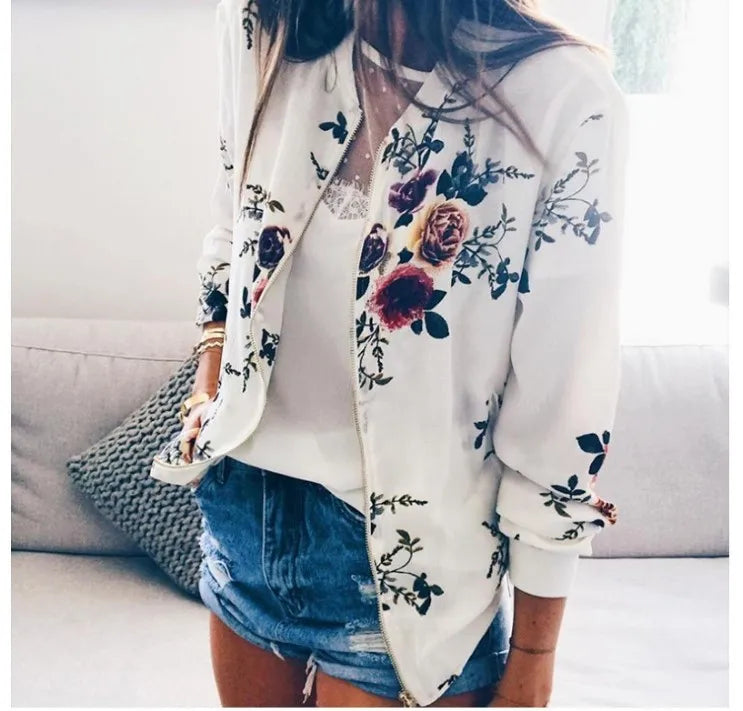 Women Elegant Zipper Bomber Jacket Spring Autumn Floral Printed Jackets Office Wear Slim Office Coat Retro Outwear