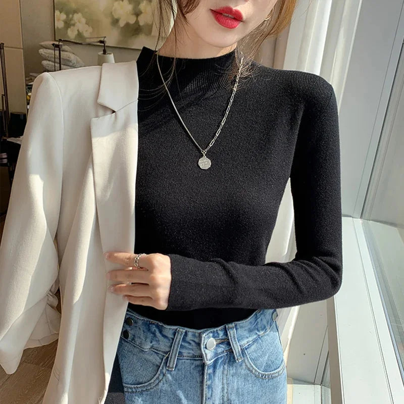 Turtleneck Sweater Women Fashion New Stretch Tops Women Knitted Pullovers Long Sleeve Bottoming Knitted Sweater