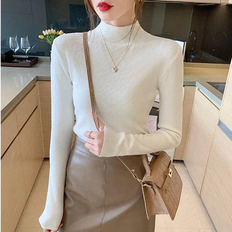 Turtleneck Sweater Women Fashion New Stretch Tops Women Knitted Pullovers Long Sleeve Bottoming Knitted Sweater