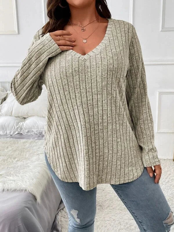 GIBSIE Plus Size Women's Casual V-Neck Long Sleeve Tees Shirt 2024 Spring Autumn Fashion Loose Ribbed Knit Tops for Women