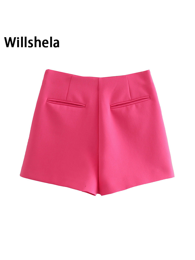 Willshela Women Fashion Asymmetrical Shorts Skirts High Waist Back Pockets Side Zipper Vintage Female Skort Solid