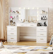 Makeup Vanity Table with Mirror & Lights, Vanity Desk with Power Strip, Large Drawer & Six Open Storage Dresser, Dressing Table