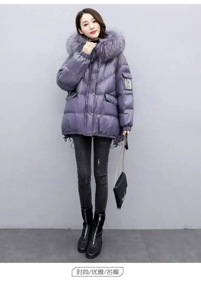 2024 Winter New Warm Down Cotton Jacket With Large Fur collar Hooded Coat Loose Women Thicken Parker Puffer Overcoat Casual wear