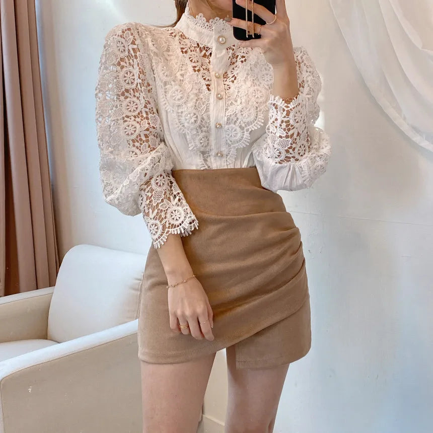 Fashion Long Sleeve Women Blouse Hollow Out Lace Blouse Shirt Tops Women Blusas Mujer De Moda 2024 Blouses Femme Women Shirts