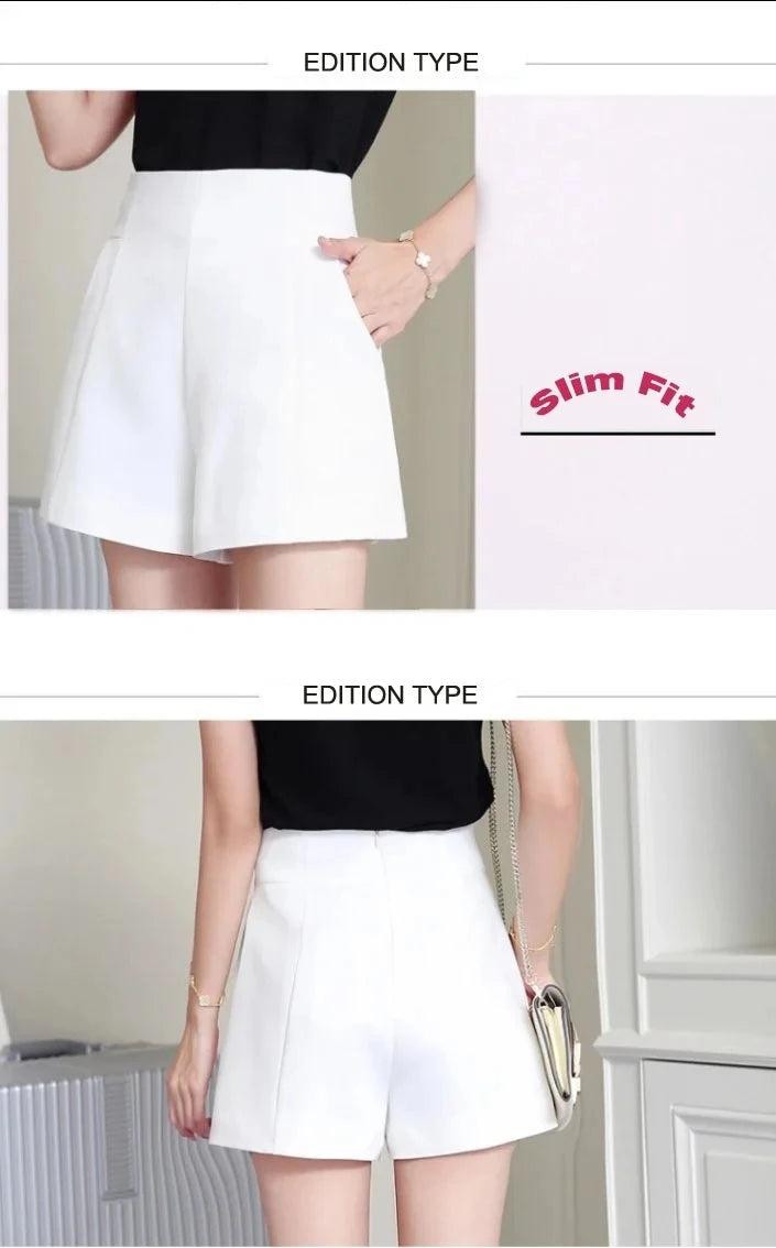 Women Shorts Spring Summer Casual High Waist A-line Shorts Loose Wide Leg Chiffon Shorts Chic Lady Black White Suit Shorts