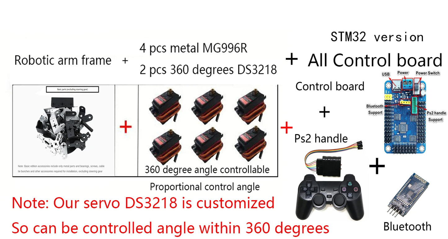 360 Degrees 6 DOF Robot Metal Alloy Mechanical Arm Claw Kit MG996R for Arduino Robotics Kit Educational Ps2 Programmable Toys