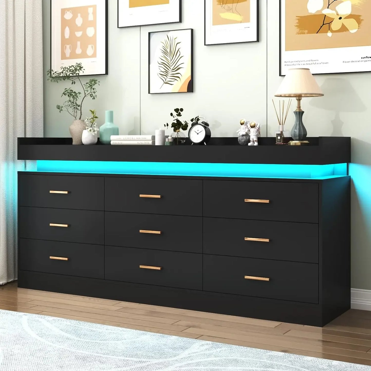 9 Drawer Dresser with LED Light, Modern Chest of Drawers for Closet, Wide Drawer Organizer Cabinet for Bedroom, White