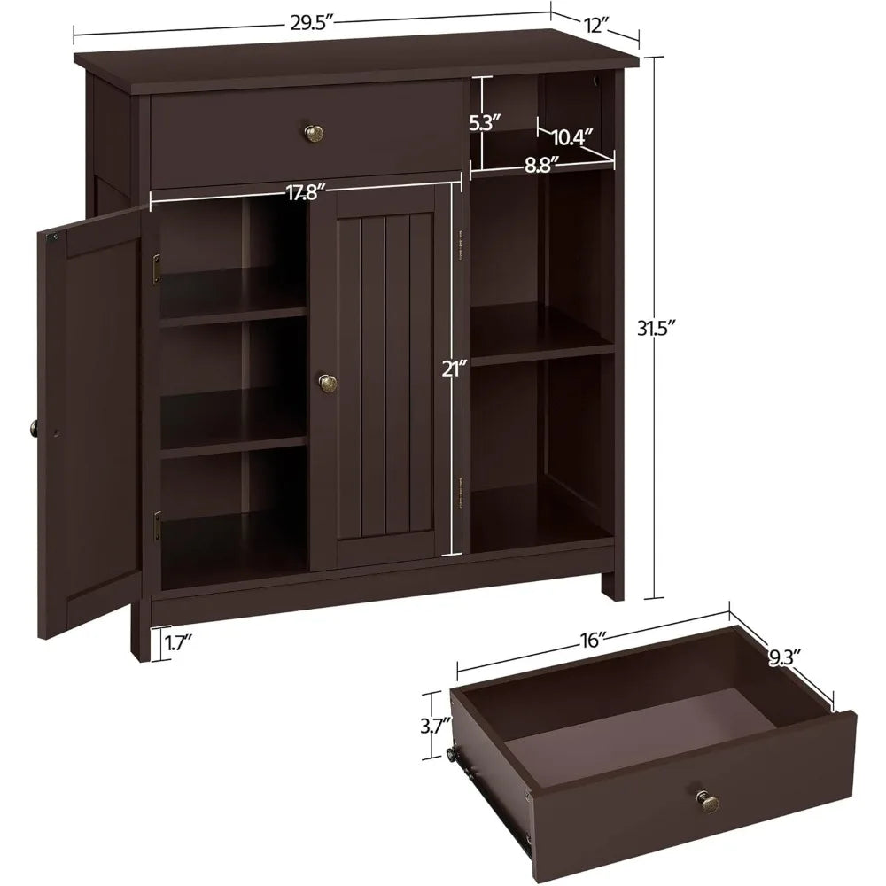 Bathroom Floor Cabinet, Kitchen Freestanding Storage Organizer, Large Side Cabinet with Doors, Drawer & Adjustable