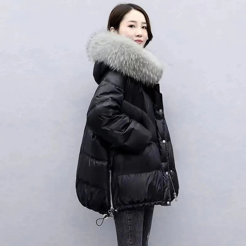 2024 Winter New Warm Down Cotton Jacket With Large Fur collar Hooded Coat Loose Women Thicken Parker Puffer Overcoat Casual wear