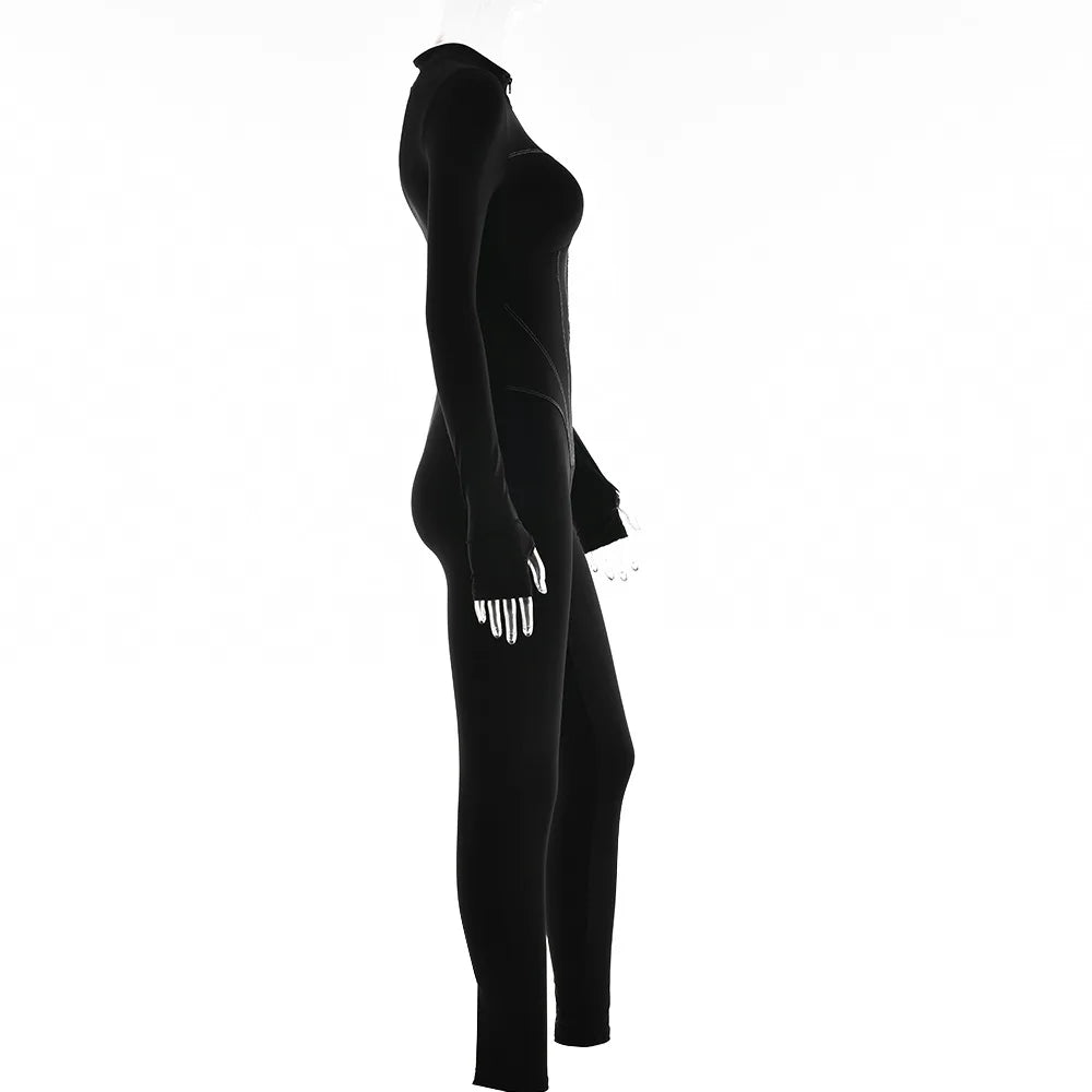 Sexy Elegant Women Zip-up O-neck Long Sleeve Jumpsuit Streetwear 2024 Autumn Female Overalls One Piece Fitness Sports Bodysuits