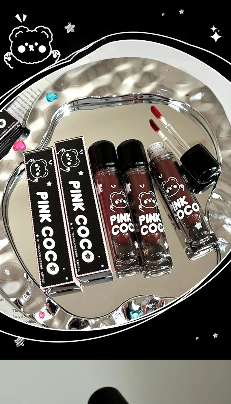 PINKCOCO Bear Doodle Mirror Lip Glaze — Long-Lasting Shiny Lip Gloss, Student-Friendly, Skin-Brightening Nude Lipstick