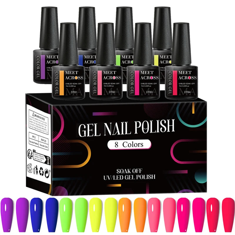 MEET ACROSS 8Pcs/Set Fluorescent Gel Nail Polish Summer Spring Colorful Laser Glitter Nail Art Gel Varnish Manicure For Nails