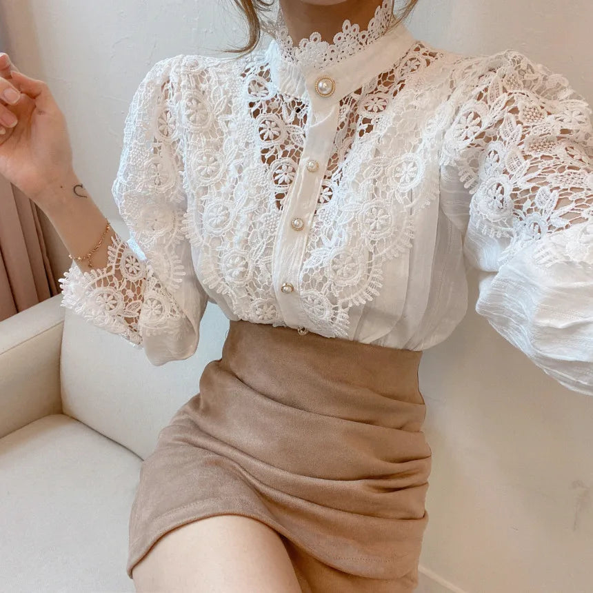 Fashion Long Sleeve Women Blouse Hollow Out Lace Blouse Shirt Tops Women Blusas Mujer De Moda 2024 Blouses Femme Women Shirts