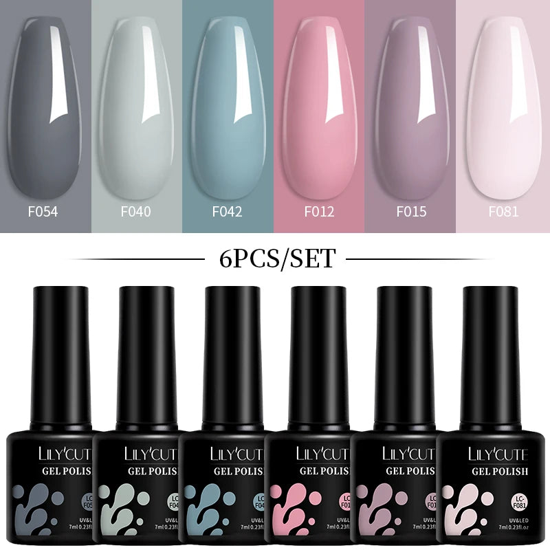 LILYCUTE 6Pcs/Set Macaron Color Gel Nail Polish Set Kit Spring 6 Colors UV LED Nail Art Gel Vernis Semi Permanent Base Top Coat