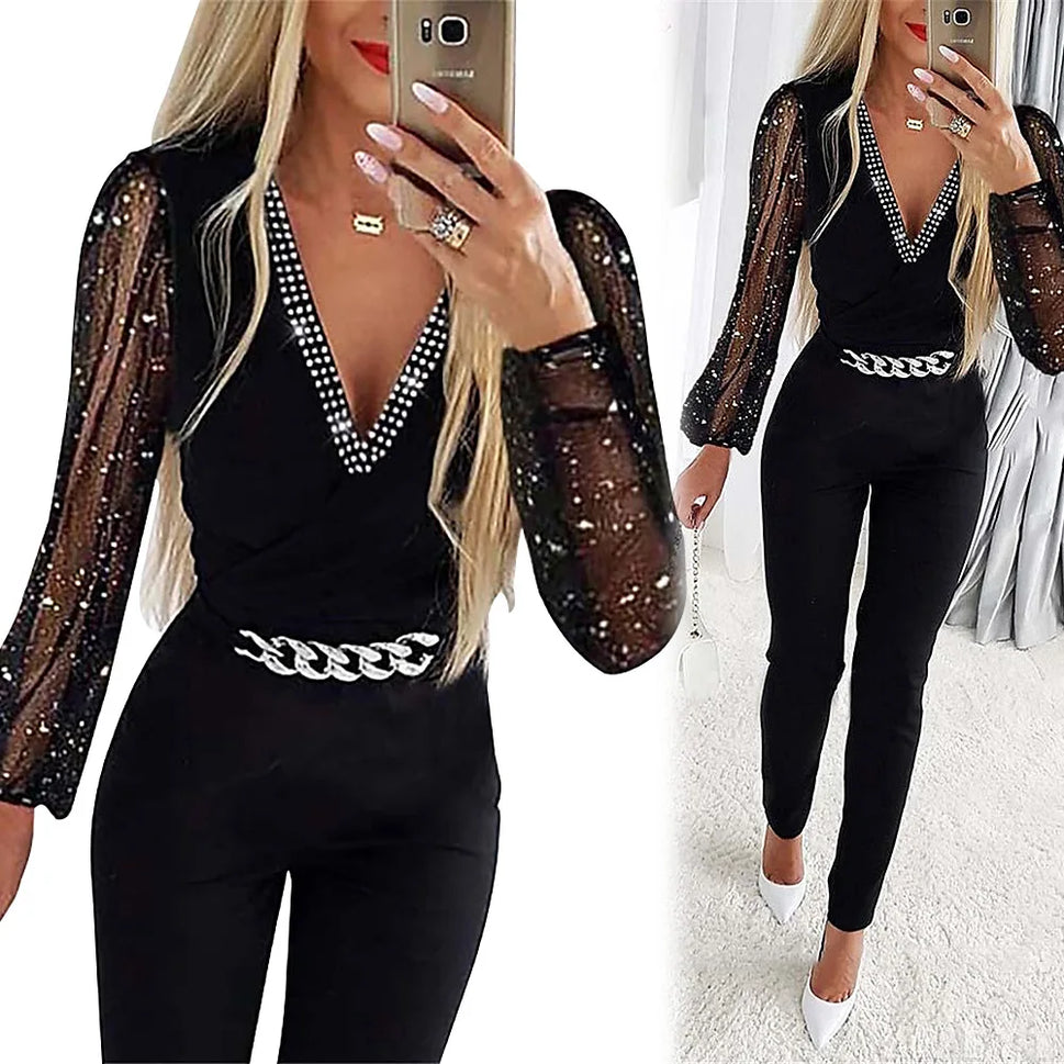 Jumpsuits Women One Piece V Neck Full Sleeve Tight High Waist Overalls Casual Sheath Long Pencil Pants Rompers Slim Fit