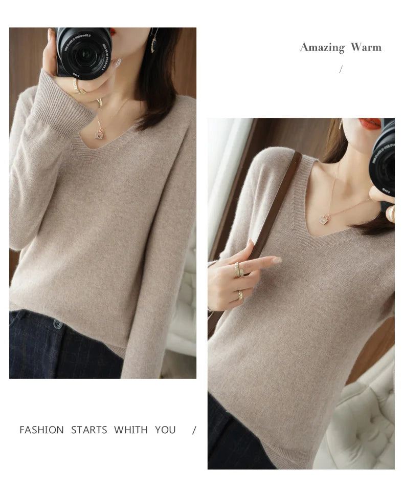 New Cashmere Women's V-neck Pullover Lace Neck Hollow Out Design Casual Knitted Long Sleeve Women's Sweater Autumn And Winter