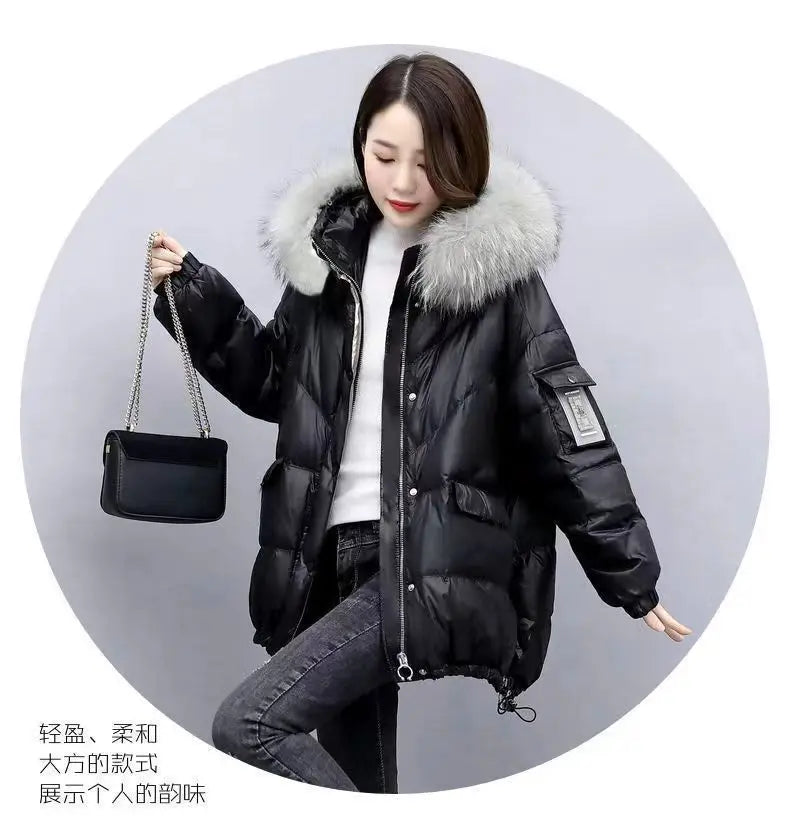 2024 Winter New Warm Down Cotton Jacket With Large Fur collar Hooded Coat Loose Women Thicken Parker Puffer Overcoat Casual wear