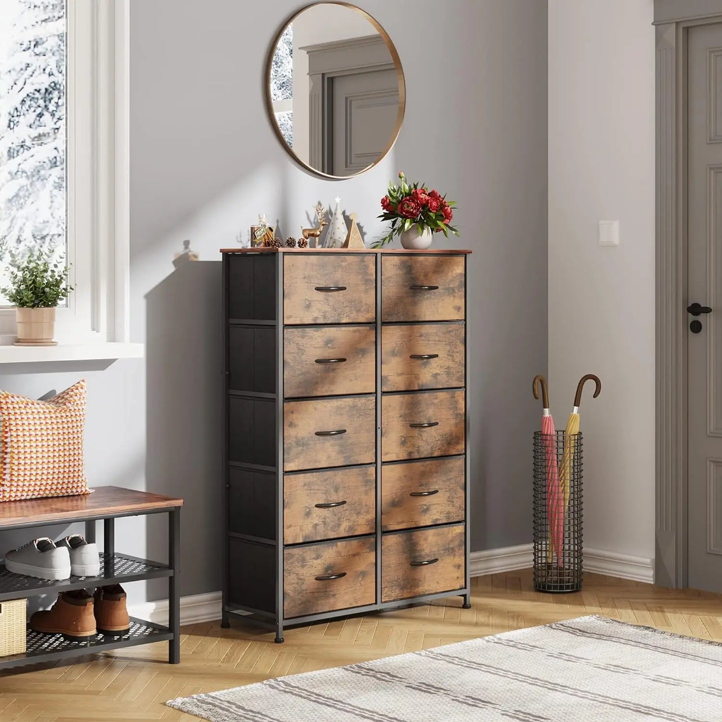 Tall Dresser for Bedroom with 10 Drawers, Chest of Drawers, Fabric Dresser for Closets, Storage Organizer Unit with Fabric Bins,