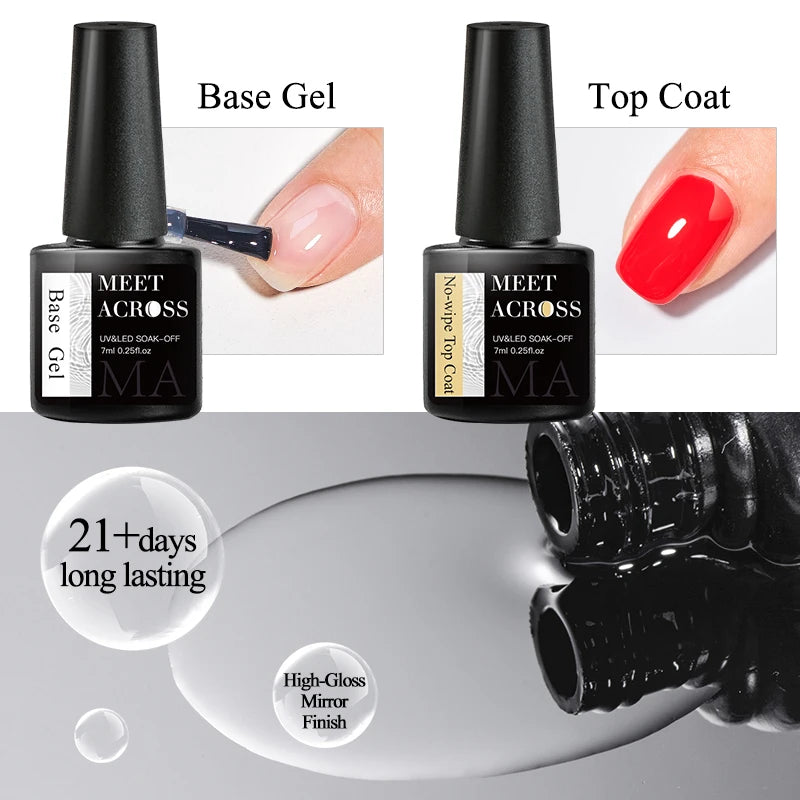 MEET ACROSS 7ml Base Top Coat Gel Polish Soak Off Semi Permanent UV Gel Nail Art Varnish Base Gel Top Coat Gel Varnish Manicure