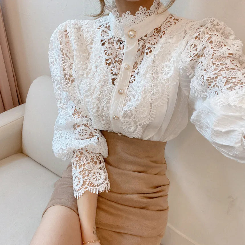 Fashion Long Sleeve Women Blouse Hollow Out Lace Blouse Shirt Tops Women Blusas Mujer De Moda 2024 Blouses Femme Women Shirts