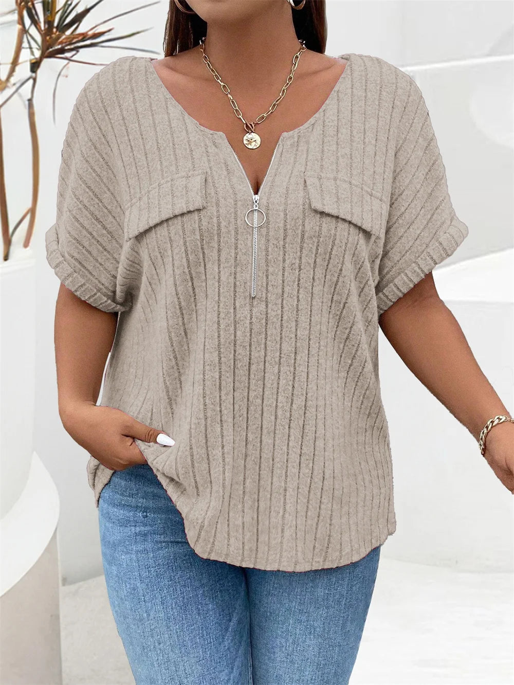 GIBSIE Plus Size Solid O-Ring Zip Front T Shirt for Women Summer 2024 O-Neck Short Sleeve Rib Knit Casual Tees Tops Female