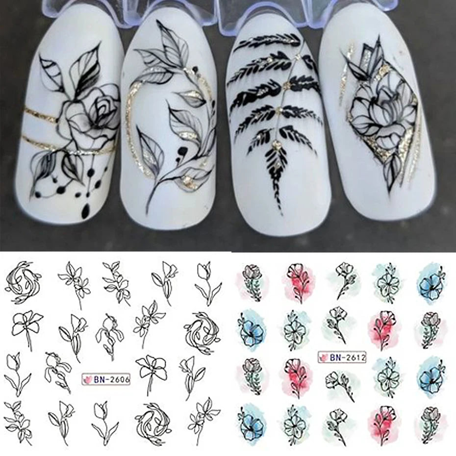 12 PCs Nail Sticker Set Spring Summer Water Decal Nail Art Ink Flowers Leaves Graffiti Slider for Nail Decoration Foils Tattoo