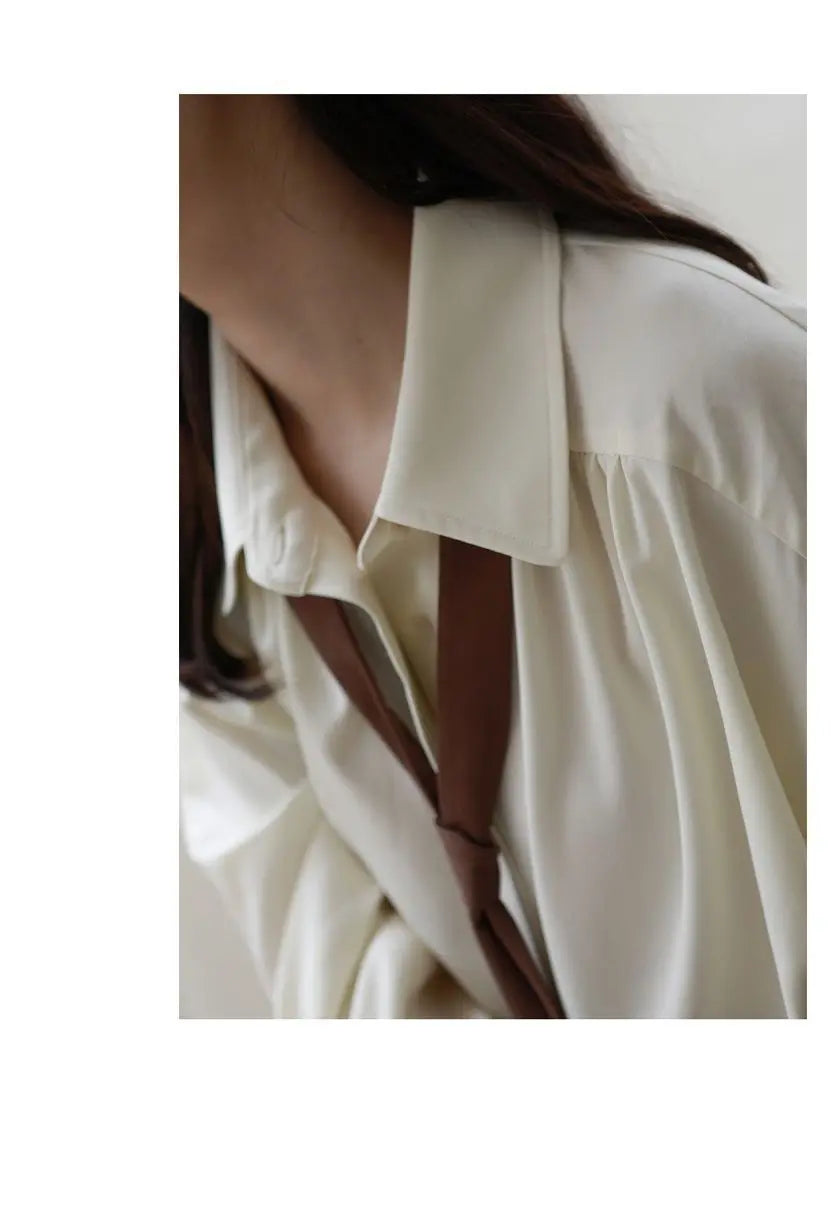 2025 Spring Minimalist Long Sleeve Button Up Shirt Women Korean Style Solid Tie Oversize Shirts Blouse Loose Clothes Autumn Tops