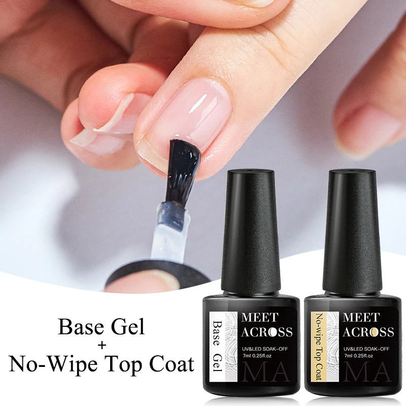 MEET ACROSS 7ml Base Top Coat Gel Polish Soak Off Semi Permanent UV Gel Nail Art Varnish Base Gel Top Coat Gel Varnish Manicure