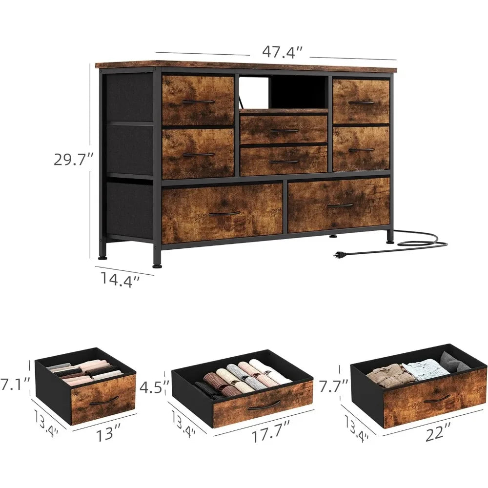 8 Dresser TV Stand with Power Outlet & LED for 55'' TV, Long Dresser for Bedroom with 8 Deep Drawers, Wide Console Table