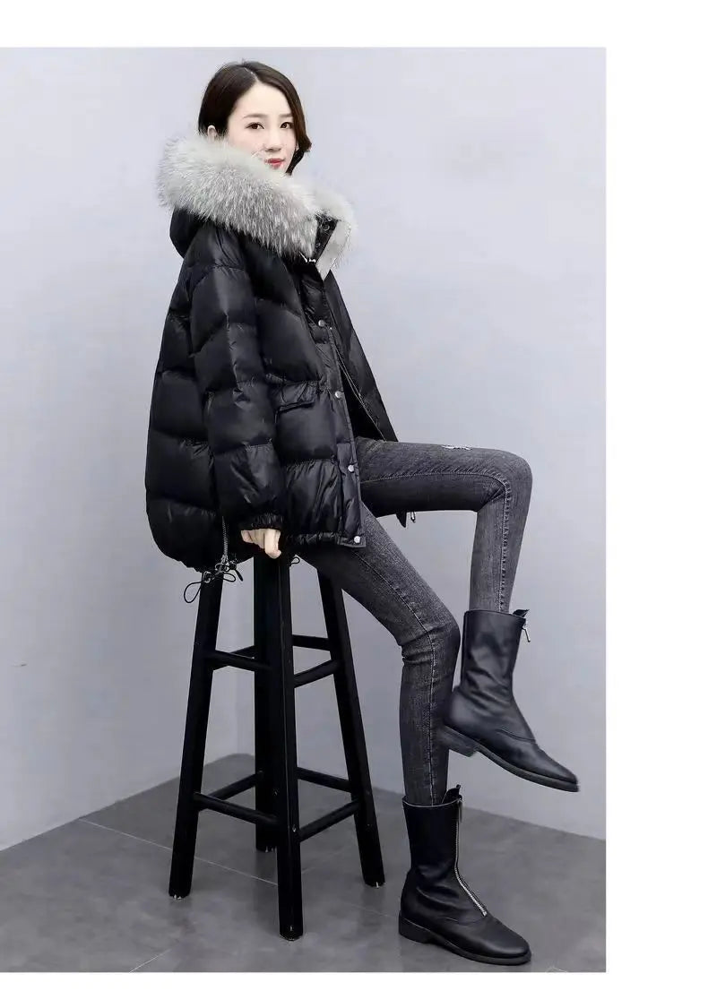 2024 Winter New Warm Down Cotton Jacket With Large Fur collar Hooded Coat Loose Women Thicken Parker Puffer Overcoat Casual wear