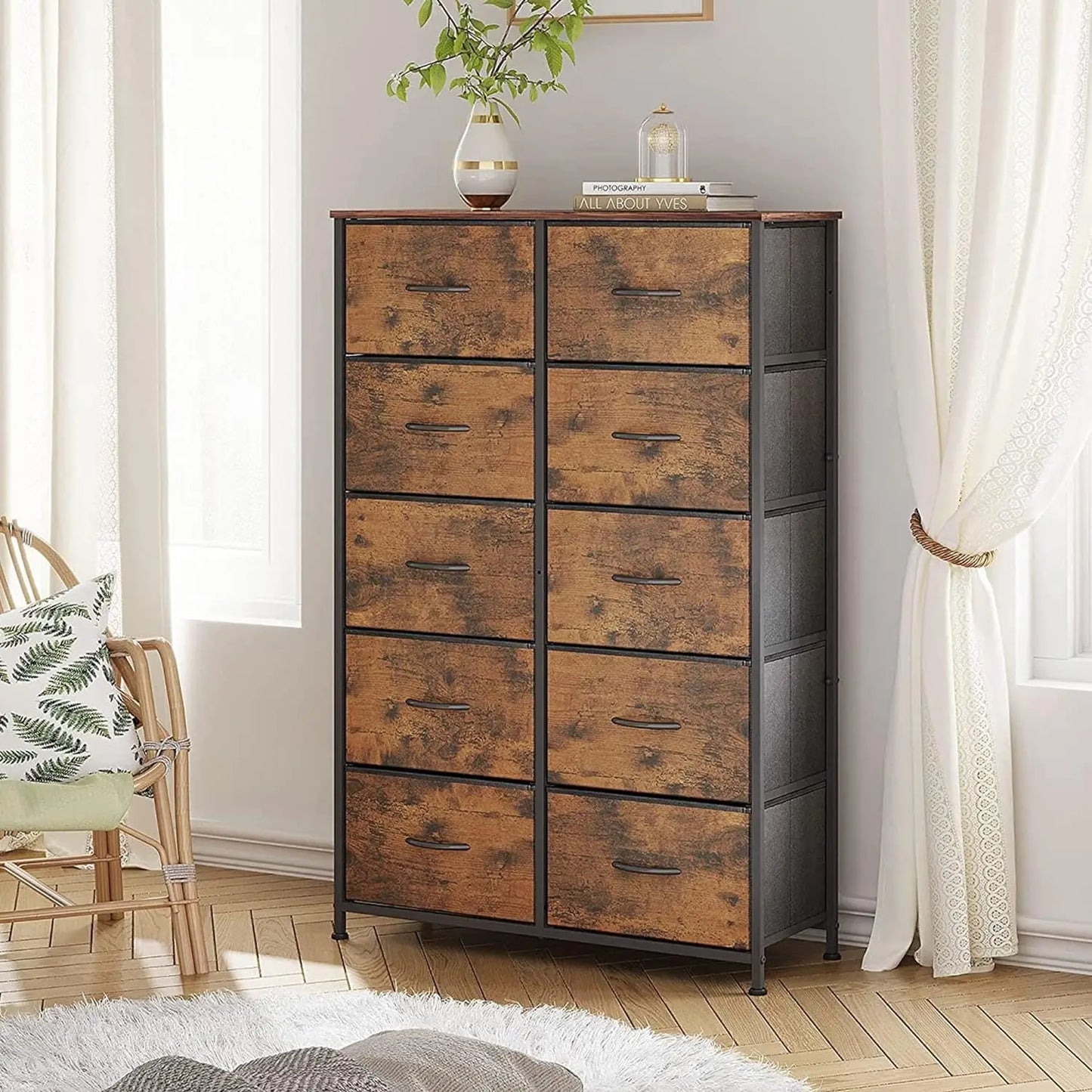 Tall Dresser for Bedroom with 10 Drawers, Chest of Drawers, Fabric Dresser for Closets, Storage Organizer Unit with Fabric Bins,