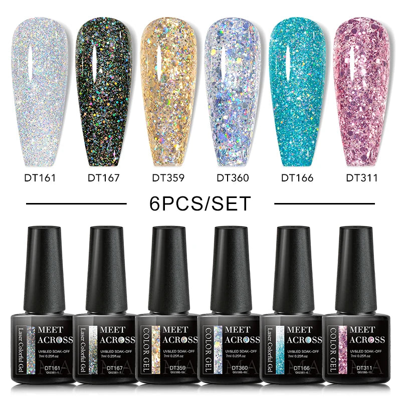 MEET ACROSS 6PCS/SET Macaron Series Gel Nail Polish Set Glitter Semi Permanent UV Nail Kit Base Matte Top Coat Nail Art Manicure