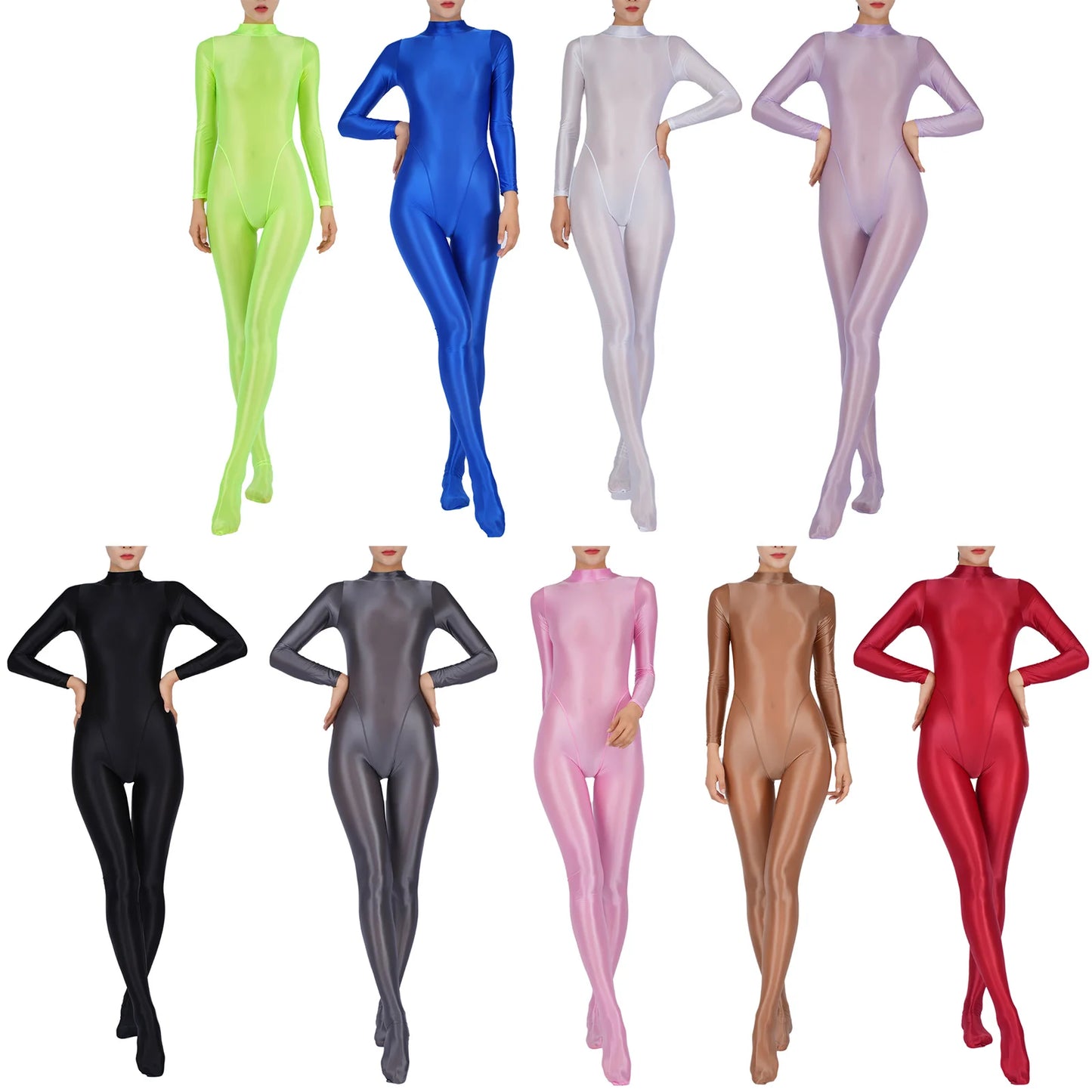 Womens Full Body Jumpsuit Sports Gym Yoga Tights Bodysuit Mock Neck Long Sleeve Footed One Piece Jumpsuit Clubwear Sportwear