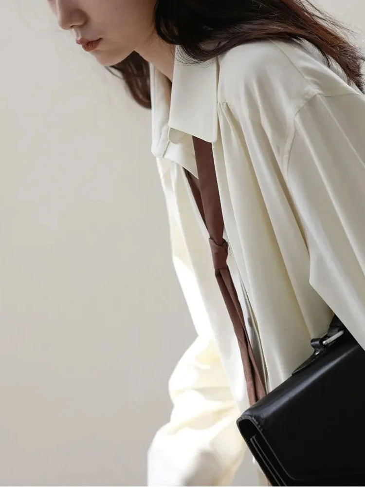 Autumn Minimalist Long Sleeve Button Up Shirt Women Korean Style Solid Tie Oversize Shirts Blouse Loose Clothes Autumn Tops